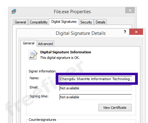 Screenshot of the Chengdu ShanHe Information Technology Co., Ltd. certificate